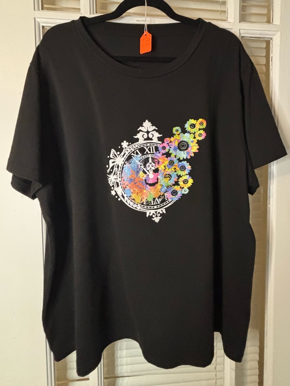 Black Graphic Floral Clock T-Shirt-Size 3x
